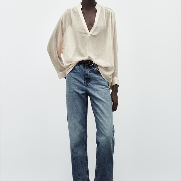 Zara Rhinestone Cream Sheer Blouse